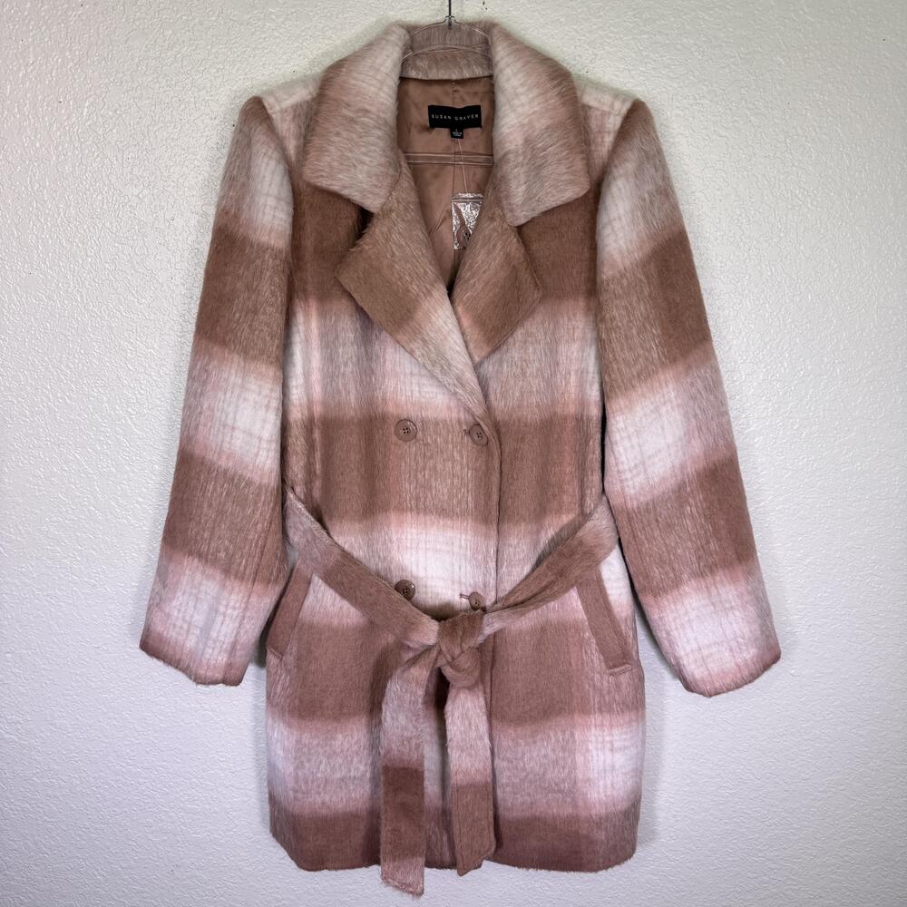 Susan Graver Coat Women Large Plaid Fuzzy Belted Lined Soft Overcoat Jacket Fall